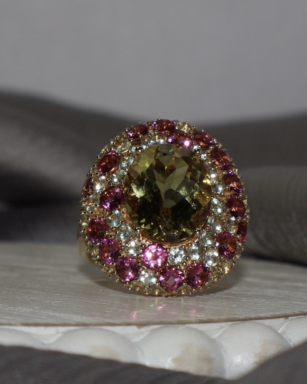 14k Yellow Gold Pink & Green Tourmaline Ring 9.1G / Sz 7
